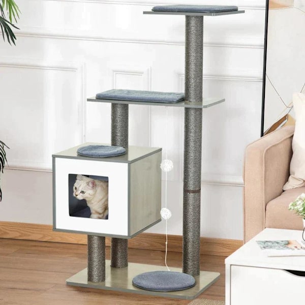 Rootz Cat-kradsestolpe - Kattetræ - Kattelegetøj - Klatretræ - Sisalpude - Liggeoverflade med bold - Grå - 71,5 x 49,5 x 120 cm