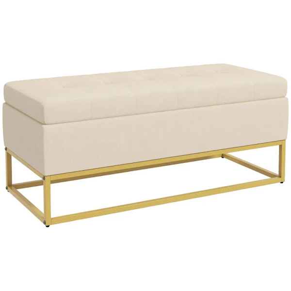 Rootz Opbevaringsbænk - Dekorative knapsyning - Flanelllook - Guldstålben - Beige - 110 x 47 x 46,5 cm