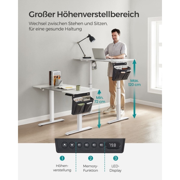 Rootz elektrisk stående skrivebord - Justerbart skrivebord - Sit Stand Skrivebord - Spånplade stålramme - 60cm x 120cm x (72-120)cm - White-Dove Grå -