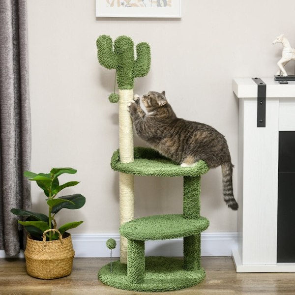 Rootz PawHut Kattetræ - Kaktusdesign - Kattekradsestolpe - Katteaktivitetscenter - Holdbar spånplade - Blødt stofbetræk - 2 legebolde - 49 cm Base x 1