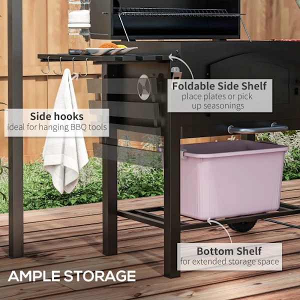 Rootz kolgrill - BBQ Smoker - Justerbart kolfack - Sidohyllor - Värmeställ - Emaljerat gjutjärn - Svart - 124L x 66W x 112H cm