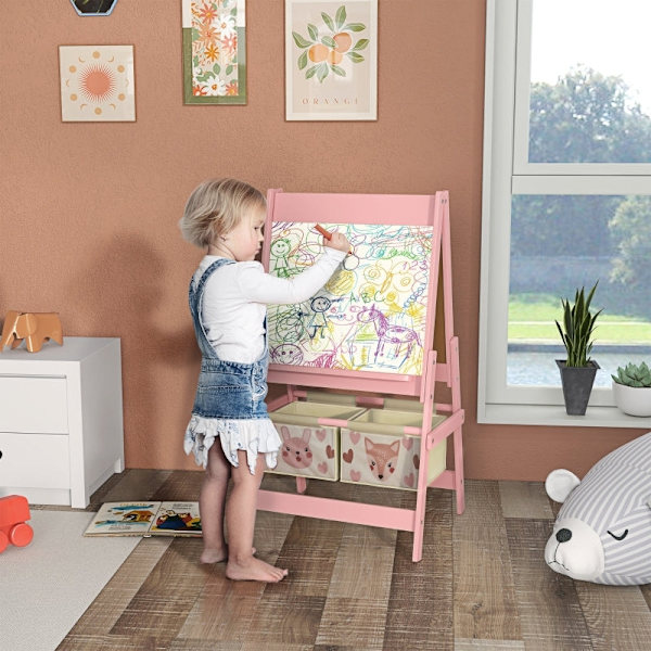 Rootz 3-in-1 lasten maalausteline - Lasten taideasema - Creative Play Board - Liitutaulu, Valkotaulu, Paperirulla - Säilytyskorit - 54 cm x 46,5 cm x