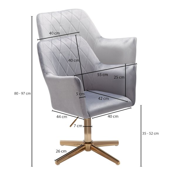 Rootz Swivel Chair - Skrivbordsstol - Sammetsklädsel - Vadderade armstöd - 360° rotation - Guld Basram - 80-97cm x 55cm x 55cm