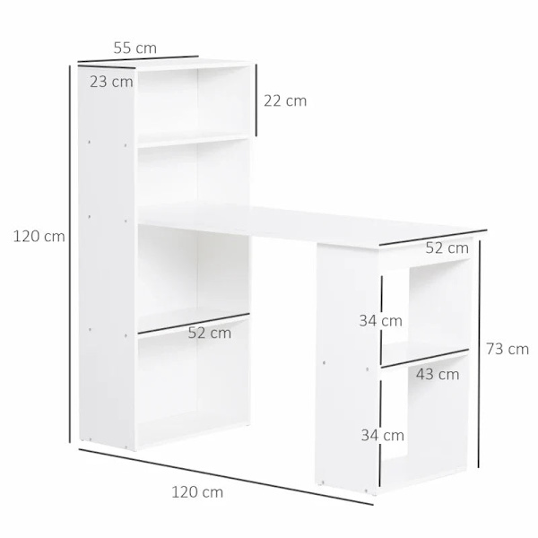 Rootz Desk Kontorbord - Computerbord - 2 hylder - Pladsbesparende design - 5 hylder - Spånplade - Hvid - 120 Cm X 55 Cm X 120 Cm