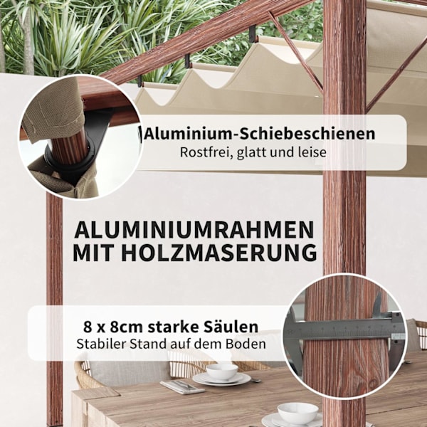 Rootz 3x4m Garden Pergola - Justerbart terrasstak - utomhuspaviljong - UPF30+ Solskydd - 382x300x232cm
