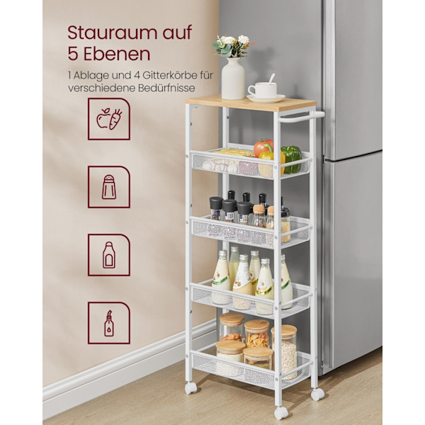 Rootz 5 Level Trolley - Rullvagn - Utility Cart - Spånskiva och stål - 22cm x 45,4cm x 99,6cm - Ek Vit - 4,5kg - 25kg Kapacitet