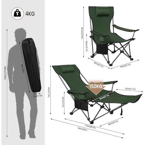 Rootz Ultimate Outdoor Foldestol - Justerbar fiskestol - Bærbar campingstol - Let, robust, komfortabel - 600D Oxford stof - 115 cm x 88,5 cm x 84 cm (