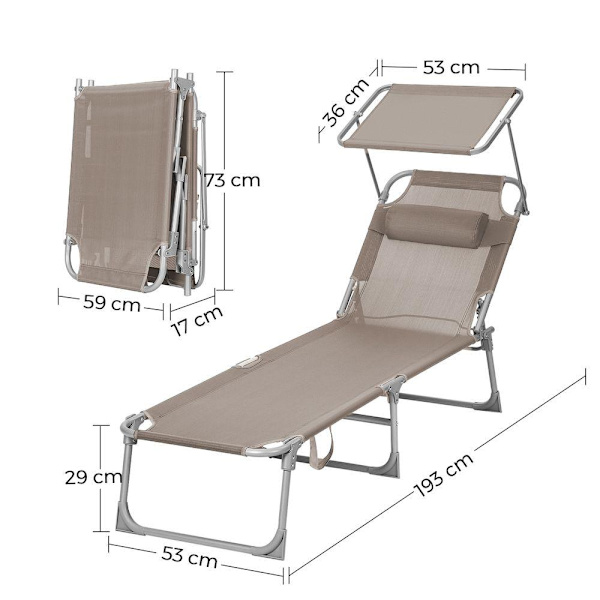 Rootz Solstol - Utomhussolstol - Fällbar solstol - Justerbar solstol - Trädgårdssolstol - Med justerbart ryggstöd - Taupe - 53 x 193 x 29,5 cm