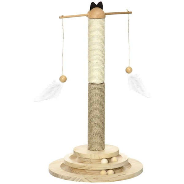 Rootz skrapstolpe - Kattträd - Cat Tower - Kitty Activity Center - Med skivspelare interaktiv bollleksak - Naturlig - 32cm x 32cm x 56cm