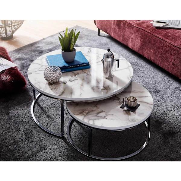 Rootz soffbordsset om 2 soffbord i vit silvermarmorlook runt modernt - Sidobord 2-delat metall - Runda vardagsrumsbord - Designa häckbord