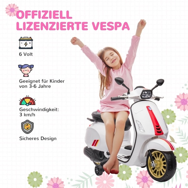 Rootz 6V Vespa elektrisk motorcykel - Ride-On Bike til børn - Træningshjul - 3 km/t - 107 cm x 47 cm x 73 cm