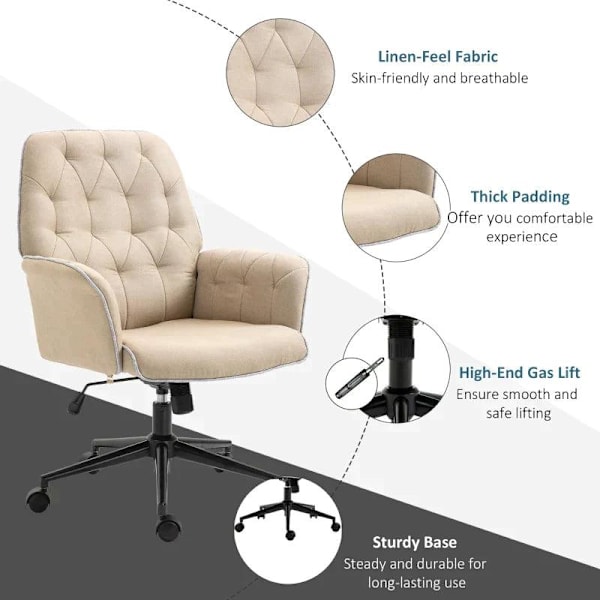Rootz Kontorstol - Drejestol - Hjemmekontorstol - Skrivebordsstol - Computerstol - Arbejdsstol - Beige - 66 x 69 x 89,5-97 cm