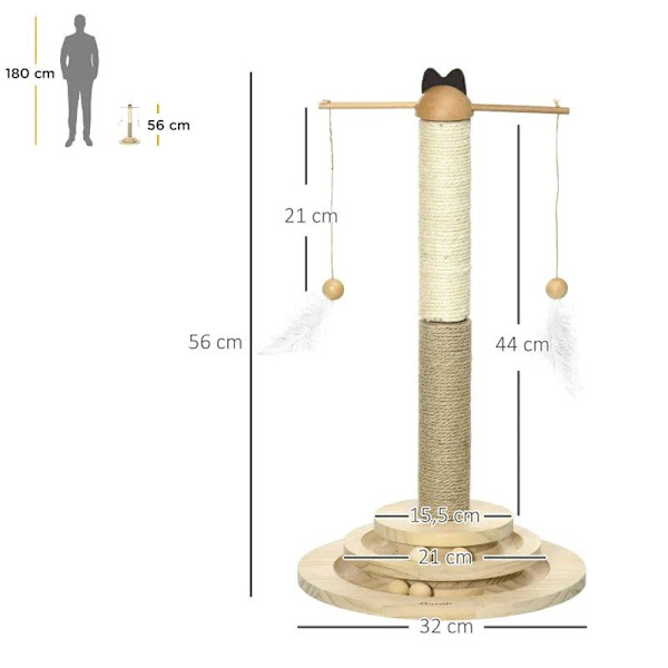 Rootz Kradsestolpe - Kattetræ - Kattetårn - Kitty Activity Center - Med pladespiller interaktivt boldlegetøj - Naturlig - 32 cm x 32 cm x 56 cm