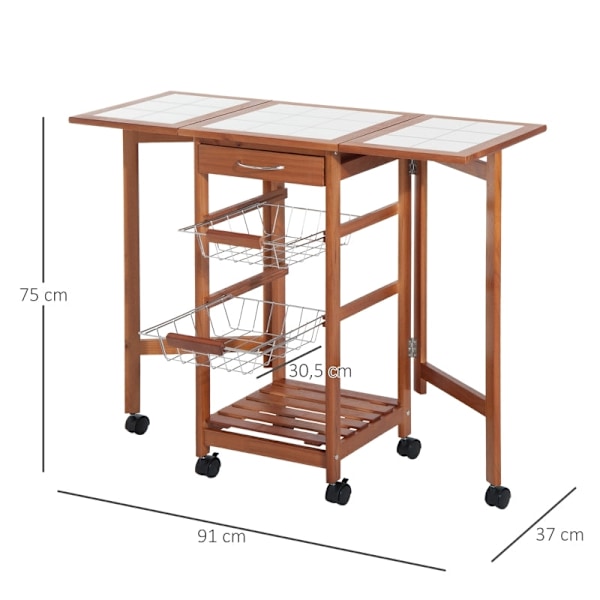 Rootz Serveringsvagn - Rullande köksvagn - Mobil förvaringsenhet - Vikbar arbetsyta - Lättskött keramikskiva - 91cm x 37cm x 75cm