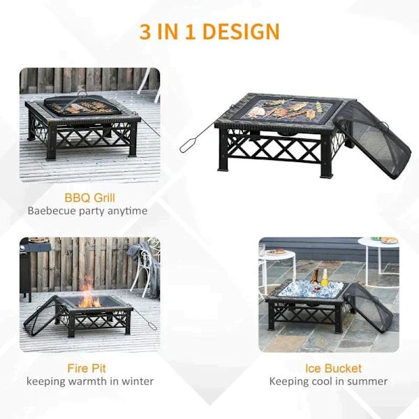Rootz 3-in-1 Fire Pit - Fire Pit with Spark Guard - Grill Grate - Ice Bucket - Garden - BBQ - Black 76 x 76 x 47 cm