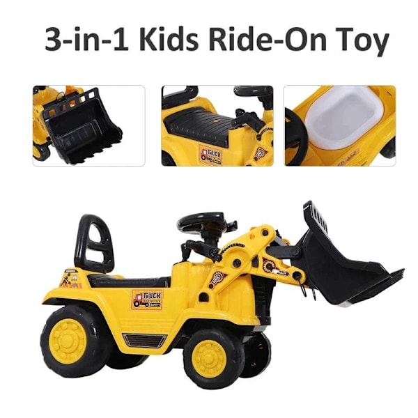 Rootz 3-i-1 Trettraktor - Ride-On Bulldozer Digger Tractor - Trækvogn - Legelastbil - PP Plast - Gul - 80 cm x 26,5 cm x 39 cm