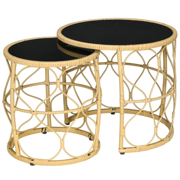 Rootz Haveborde Sæt - 2 Haveborde - Udendørs Sideborde - Boho Style - Stort Sidebord - PE Rattan-hærdet glas - Sort - Naturlig - 55 Cm X 55 Cm X 51 Cm