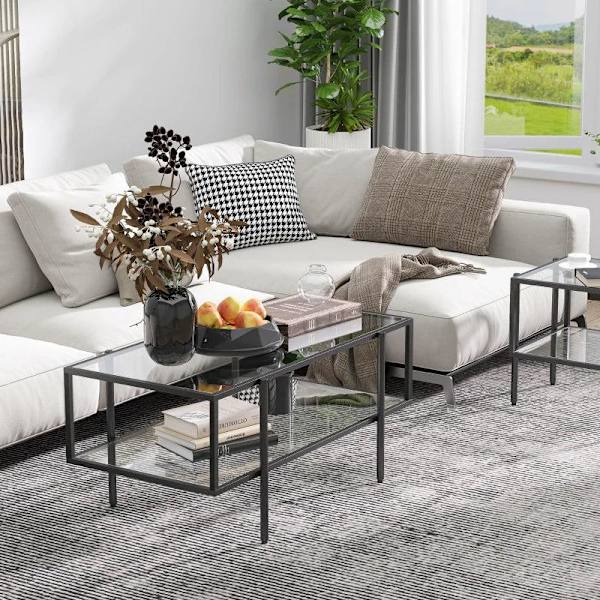 Rootz Sofabord - Sidebord - Med glasplade - Bord - Med 3 hylder - Hærdet glas/stål - Gennemsigtig/Sort - 100 x 55 x 45,5 cm