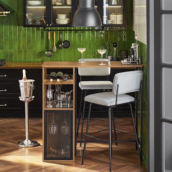 Rootz Modern Barbord - Köksö - Matbord - Industriell design - Rymlig förvaring - Vinglashållare - Flaskställ - 110cm x 105cm x 50cm