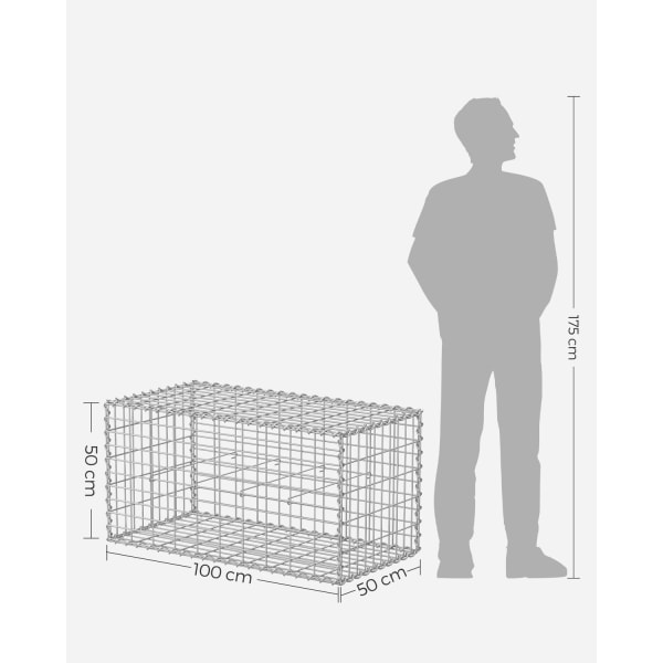 Silver Rootz Gabion Set - Metallnät - Spiralpinne - Distanskrokar - Galvaniserat stål - 100cm x 50cm x 50cm - Heavy Duty - Enkel montering - Mångsidig