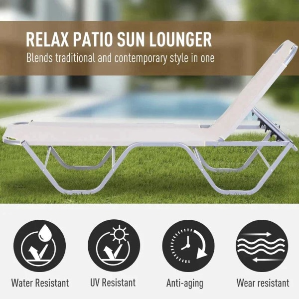 Rootz Sun Lounger - Beach Lounger - Garden Lounger - Relaxation Lounger - Aluminum - Cream - 163L x 58.5W x 91H cm