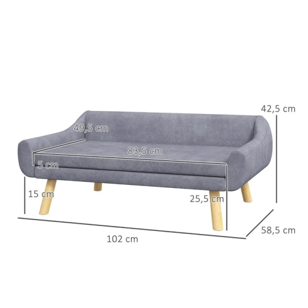 Rootz Pet Sofa - Hundsoffa - Scandi Design - Avtagbar kudde - Sammetslook - Grå + Natur - 102 cm x 58,5 cm x 42,5 cm