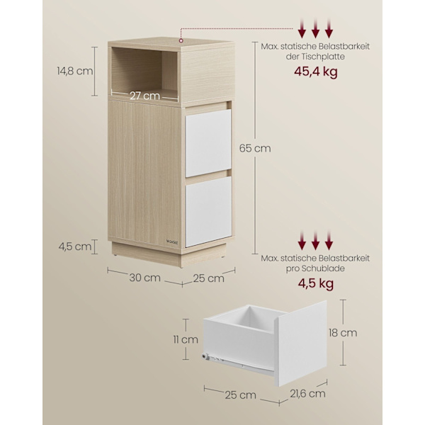 Rootz sengebord - Natbord - Træskab - Opbevaringsorganisering - 30 cm x 25 cm x 65 cm - Naturlig beige & skyhvid