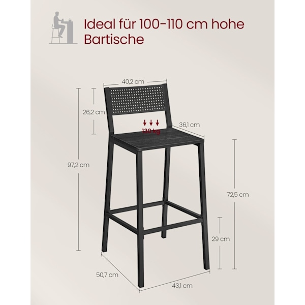 Rootz 2-delade barstolar - antracit, svart - spånskiva stål - moderna sittplatser - Enkel montering - 50,7 cm x 43,1 cm x 97,2 cm