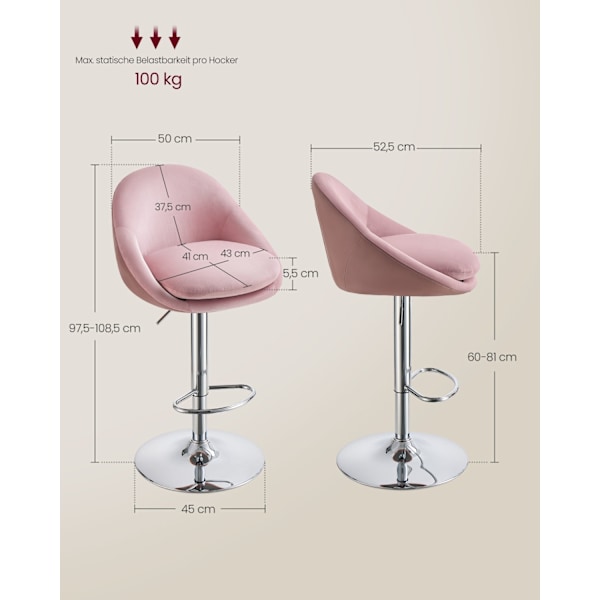 Rootz 2-delade set barstolar - Bänkstolar - Justerbar i höjdled - Sammet - PU-läder - Metallram - Pastellrosa-silvergrå - 52,5 cm x 50 cm x (97,5-108,
