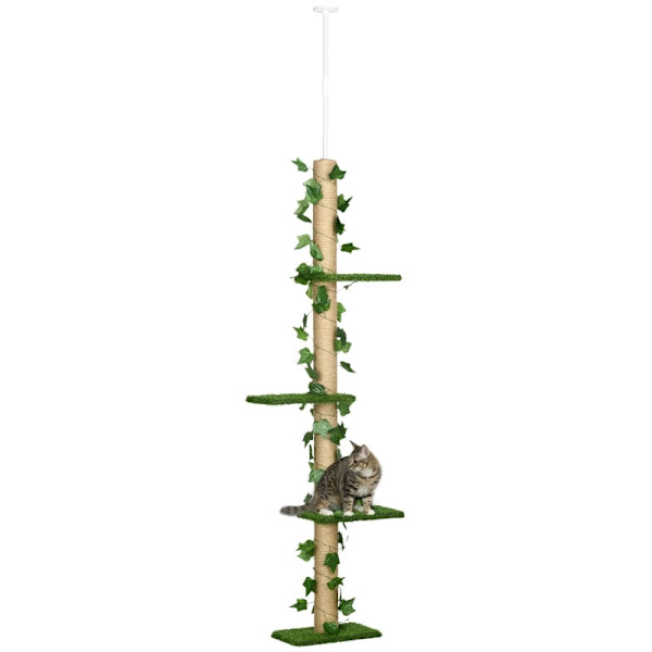 Rootz golv-till-tak kattträd - Höjdjusterbar skrapstolpe - Konstgjorda löv - Spånskiva - 37cm x 21cm x 202-242cm