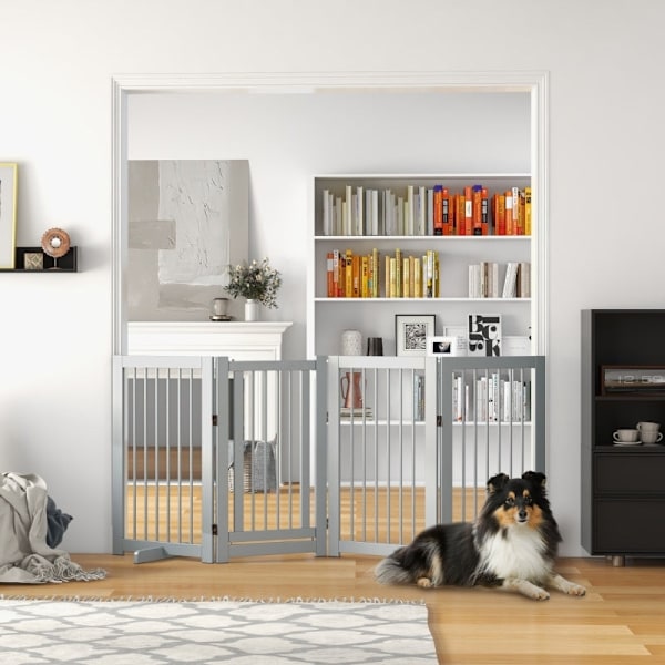 Rootz Pet Gate med dør - Hundesikkerhedslåge - Foldebar hundebarriere - Massiv fyrretræ - Fritstående - 220 cm x 36 cm x 91 cm