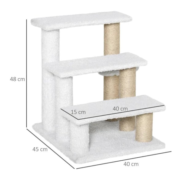 Rootz Pet Trappor - Skrapstolpe - Trappa - Katttrappa - Hundtrappa - Djurtrappa - Spånskiva/Jute/Plysch - Vit - 45 x 40 x 48 cm