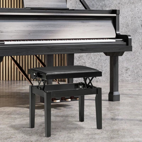 Rootz Piano Bench - Klaverstol - Højdejusterbar - Elegant højglans - Imiteret læder + Gummitræ - Sort - 63 x 33 x 56 cm