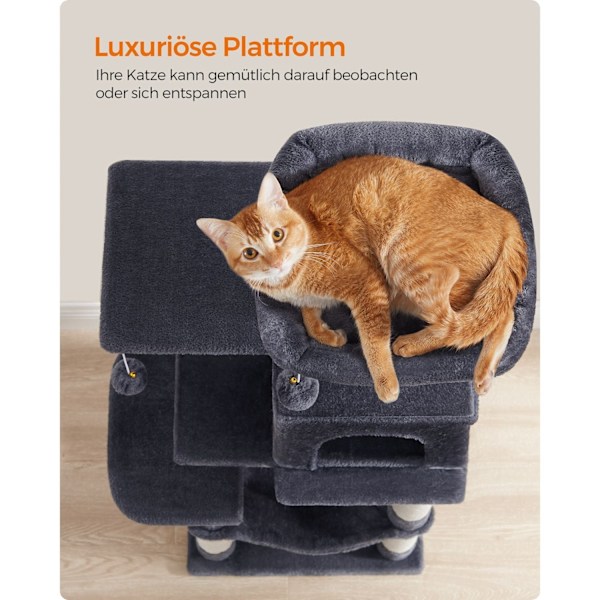 Rootz Cat Scratching Post - Kitty Tower - Cat Tree - Chipboard Plysch - Sisal - 45cm x 35cm x 112cm - Smoke Grey - Idealisk för 4 katter - 40 kg Kapac