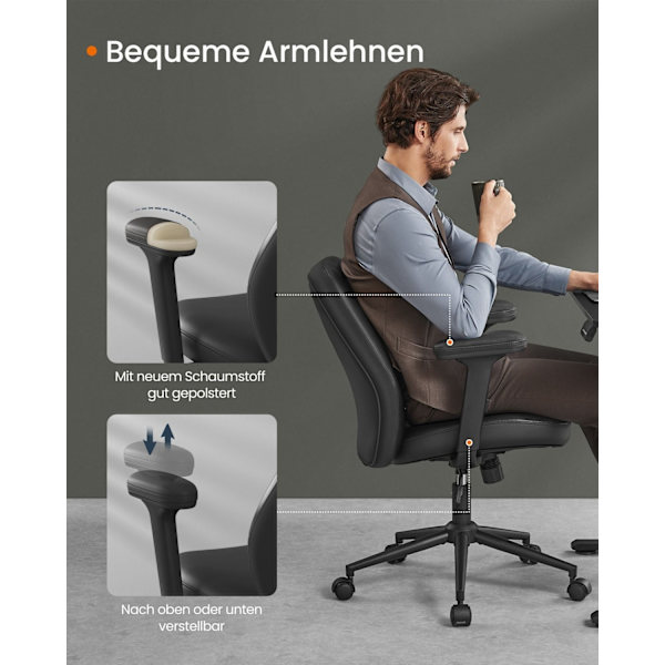 Rootz Office & Justerbare Armlæn Skrivebordsstol - Blæksort - Stål - PU-læder - Højdejusterbar - 66cm x 66cm x (86,5-94,5cm)