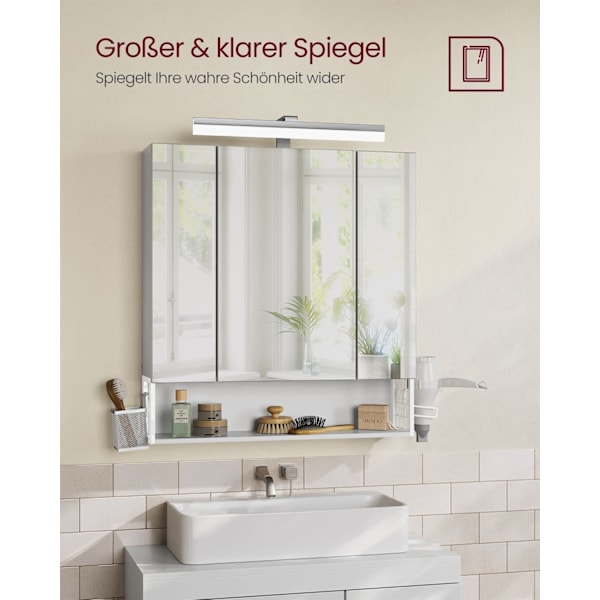 Rootz Badeværelsesskab - Opbevaringsenhed - Organizer - Spånplade - MDF - Metal - Glasspejl - 16,5 cm x 70 cm x 75 cm - Cloud White - 20 kg Kapacitet