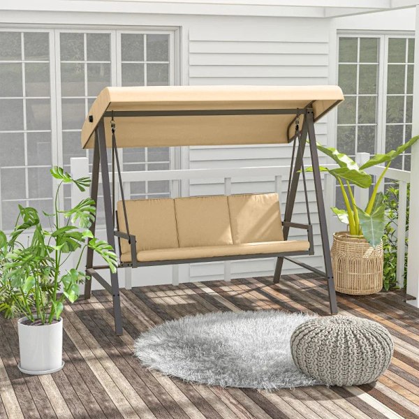 Rootz Garden Swing Chair - Hollywood Swing - Bænk Justerbar - Rygpuder - Solsejl - Sædehynde - Stål - Tekstlinje - Beige - Brun - 200cm X 125cm X 175c