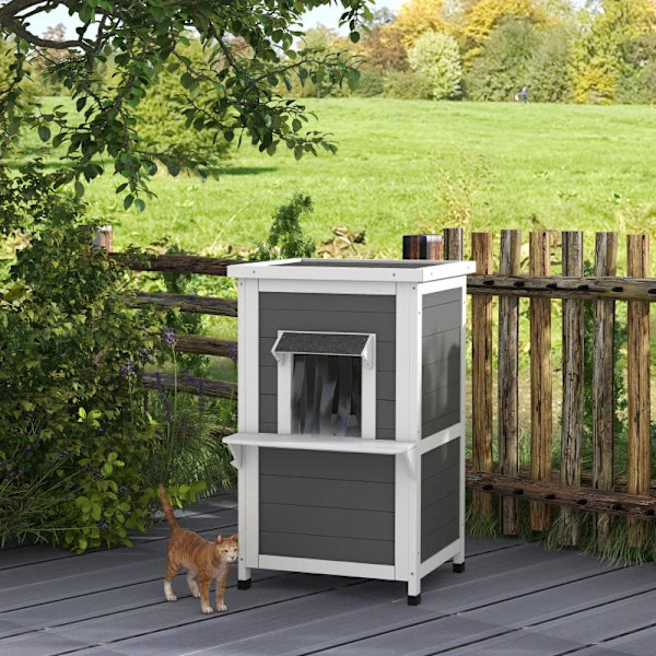 Rootz Cat House - Kaksi tasoa - Ulkona - Säänkestävä - Kuusi - Valkoinen + Harmaa - 60 cm x 60 cm x 81,5 cm