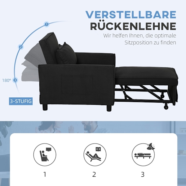 Rootz Justerbar sovende stol - Konvertibel loungestol - Rentliner seng - Komfort 3 position - 74W x 84d x 81H cm - Sort - 120 kg kapacitet