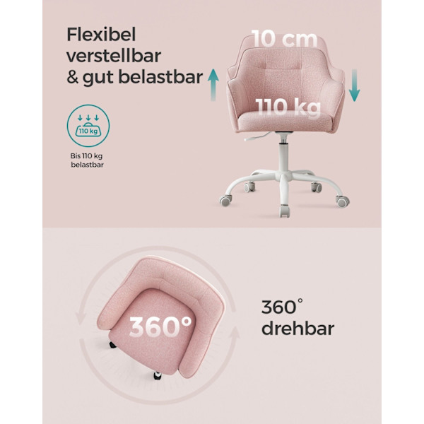 Rootz Pink Swivel Chair - Kontorsstol - Rullstol - Stålstomme - Foam Vaddering - 69cm x 65cm x (83-93cm) - Justerbar höjd