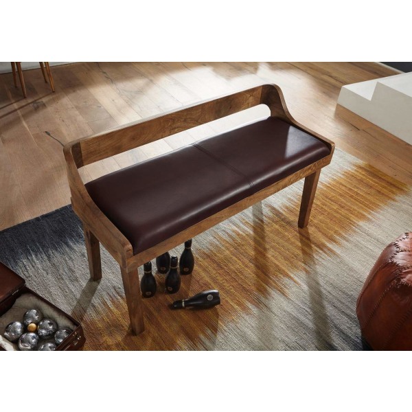 Rootz bænk ægte læder - massivt træ bænk 108x63x43 cm - Polstret bænk med ryglæn Bænk entre soveværelse brun - Lille læder sengebænk