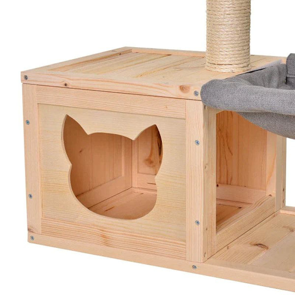 Rootz Cat House - Cat House with Hammock - Cat Cave - Cat Tree - Cat Activity Center - Gran Wood - Naturlig - 70 x 35 x 60 cm