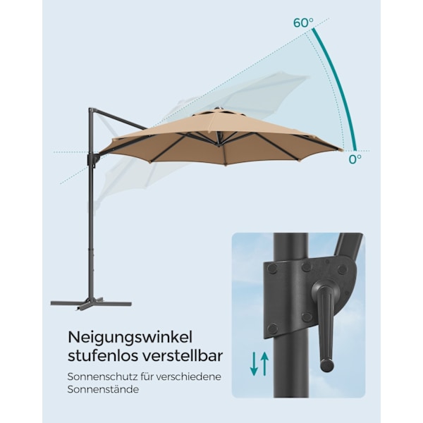 Rootz Cantilever Paraply - Udendørs Parasol - Solskærm - UPF 50+ - Krankmekanisme - Kamelbrun - Stålramme - 300 cm Diameter - 240 cm Højde