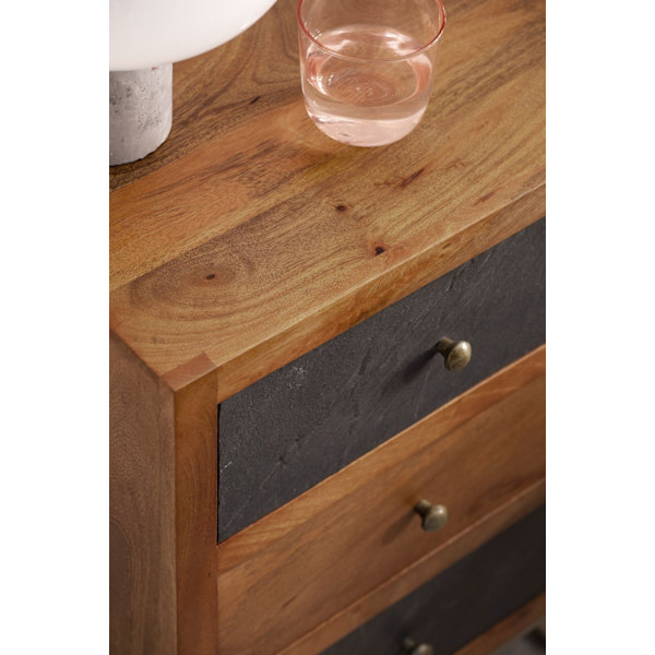 Rootz Modern Sängbord - Nattduksbord - 3D Stone Look - Naturligt trä ådring - Handgjorda - 40 cm x 60 cm x 30 cm - Mangoträ - Antracit lådfronter - Gu