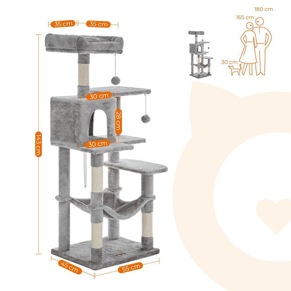 Rootz Cat Tree - Kissapuu riippumatolla - Raaputustolppa - Kissan raapimistolppa - Moderni kissapuu - Korkea kissapuu - Riippumatolla varustettu kissa