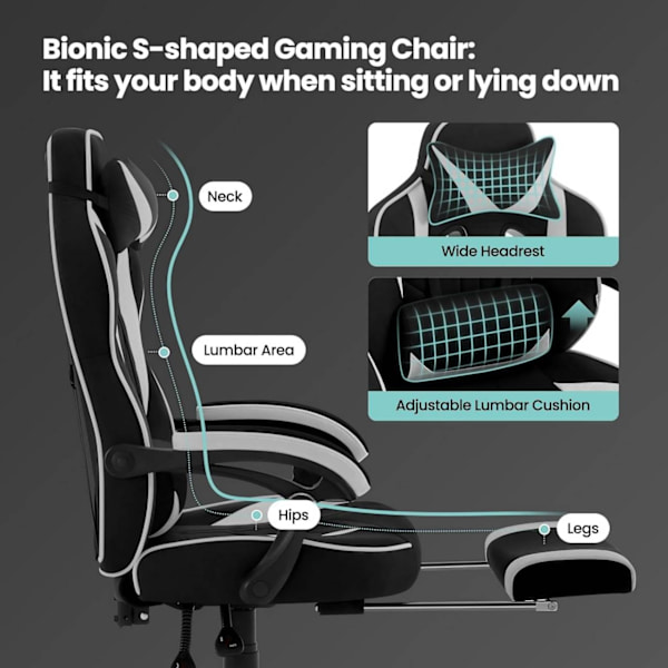 Rootz Gaming Chair med Fotstöd - Kontorsstol - Justerbar fällbar sits - Ergonomisk design - Leathaire Tyg - 55cm x 51cm x 76,5cm