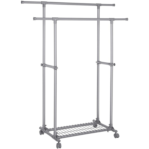 Rootz-vaateteline pyörillä - Jatkettava naulakko tuplatangolla - Siirrettävä - Vaateteline - Max. kuorma 70 kg - (87-150) x 52 x 166 cm - Harmaa