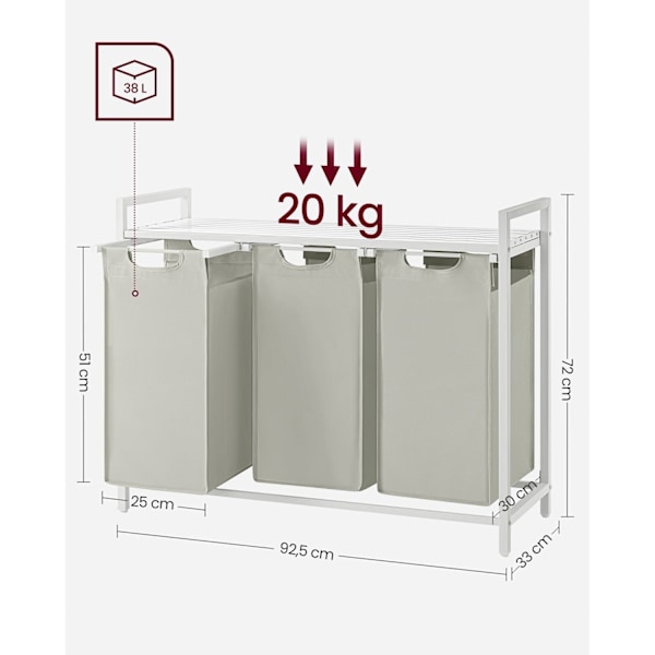 Rootzin 3-kerroksinen pyykinlajittelukärry - Valkoinen pyykkipussin järjestely - Pyörivä säilytyskärry - Teräsrunko - 92,5 cm x 33 cm x 72 cm