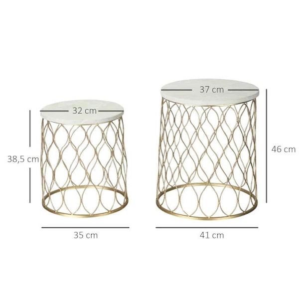 Rootz Terrassebord - Havebord - Sidebord - Sofabord - Marmor & Guldeffekt - Stål - Guld/Hvid - 41 x 46cm & 35 x 38,5cm
