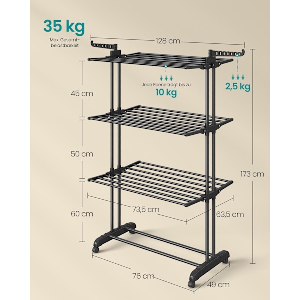 Rootz 4 -tasoinen kuivausteline - Pyykkiteline - Taitettava kuivausrumpu - Teräs ja muovi - 63,5 cm x 128 cm x 173 cm - Muste musta